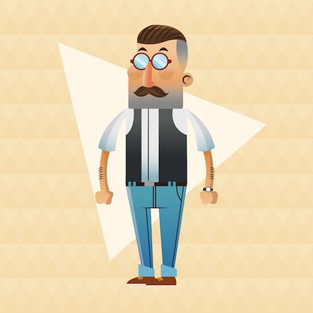 Hipster man cartoon with mustache and glasses 