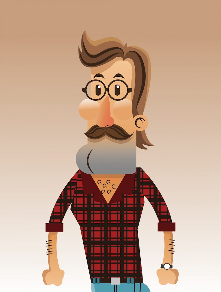 Vector hipster man cartoon with mustache and glasses 