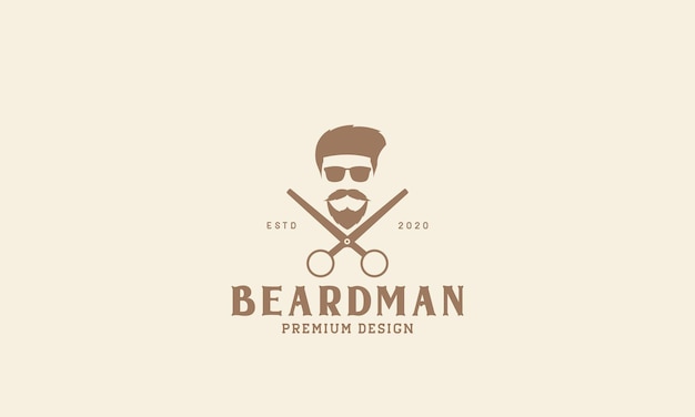 Hipster man hoofd baard met schaar logo symbool pictogram vector grafische ontwerp illustratie