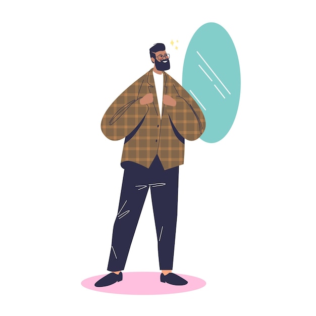 Vector hipster man looking in mirror after haircut or beard trimming illustration