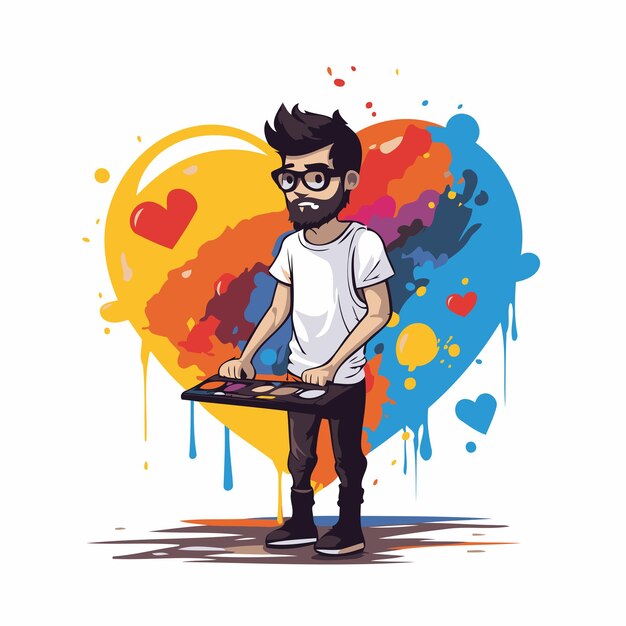 Vettore uomo hipster che gioca su un mixer illustrazione vettoriale in stile cartone animato