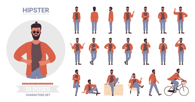 Vector hipster man poses illustration set.