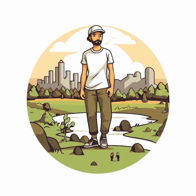 Hipster man with beard and mustache in the park Vector illustration