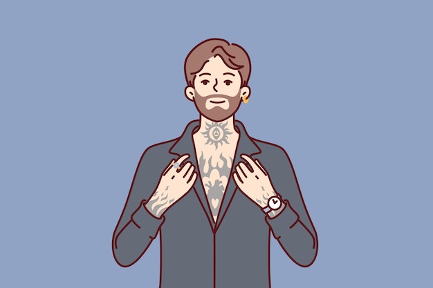 Vector hipster man with tattoos on body and beard on face poses in clothes for going to club or party