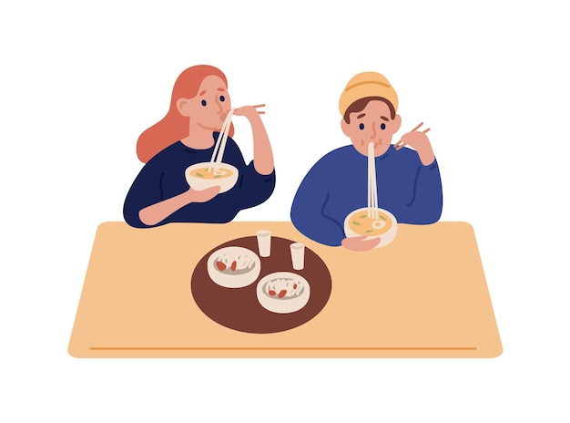 流行に敏感な男性と女性がレストランで麺を食べるベクトル フラット イラスト