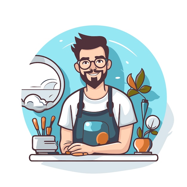 Hipster man working at the coffee shop Vector illustration