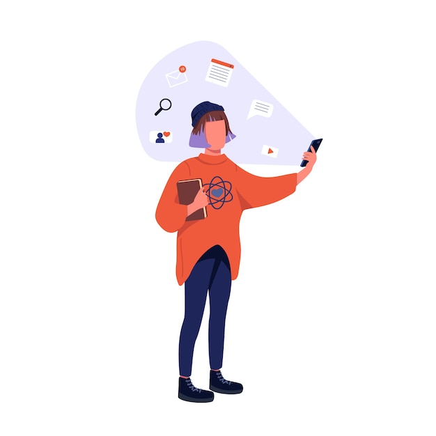 Hipster met een gezichtsloos karakter van de egale kleur van de smartphone. Generatie Z, levensstijl op sociale media. Jonge vrouw met mobiele telefoon geïsoleerde cartoon afbeelding voor web grafisch ontwerp en animatie