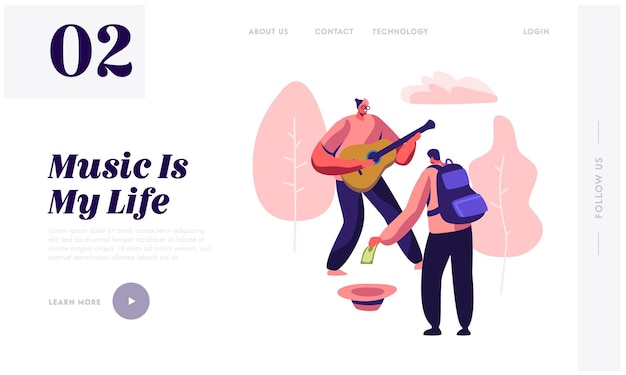 Hipster Musician Perform Show on Street Playing Guitar for Pedestrians in Park, Passerby Put Money in Hat, Musical Performance. Website Landing Page, Web Page. Cartoon Flat Vector Illustration