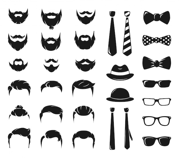 Hipster portraits creation kit. Monochrome constructor with male moustache, beard and haircut