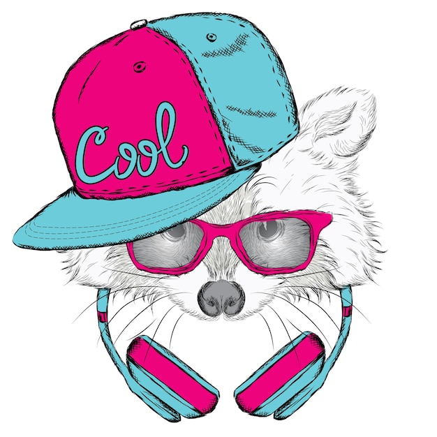 Vector hipster raccoon in a cap and glasses