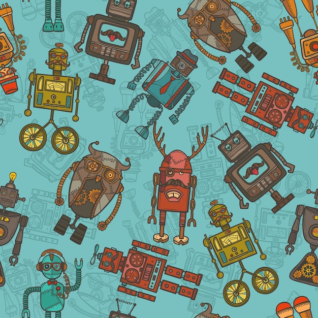 Vector hipster robot color seamless pattern