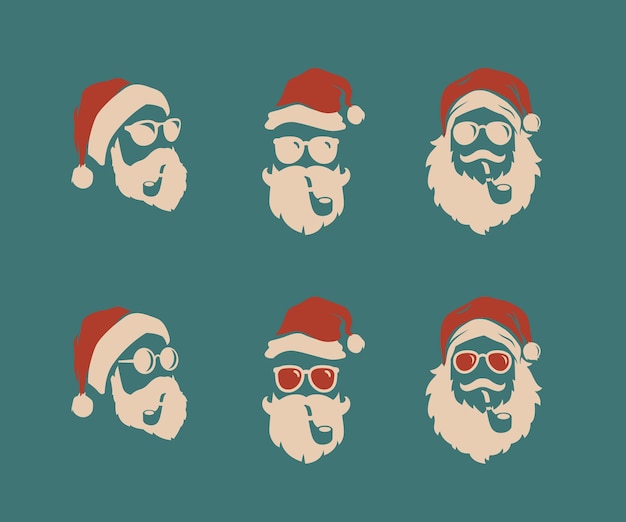 Hipster santa claus vintage vector illustration set. with nice beard mustache and cigar