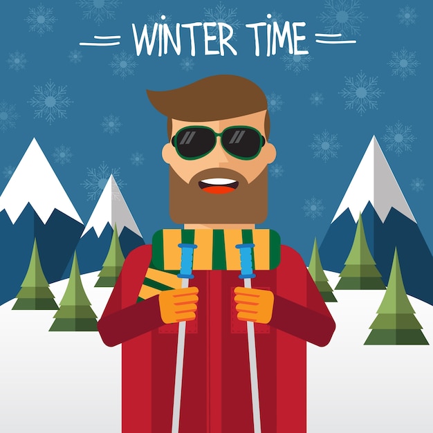 Vector hipster skier in flat style