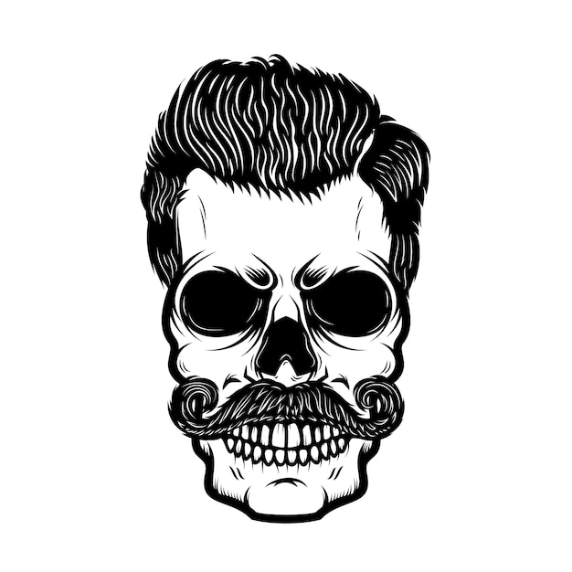 Hipster skull with hairstyle.  element for poster, print, emblem, sign, banner, label.  illustration