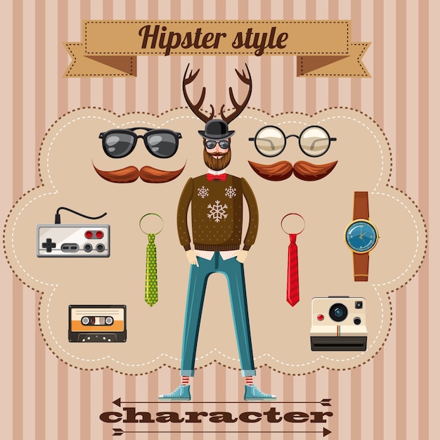 Hipster stijl karakter concept, cartoon stijl