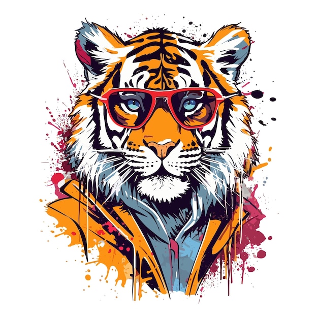 A hipster tiger wearing glasses and a jacket Vector art in graffiti style for tshirts mugs