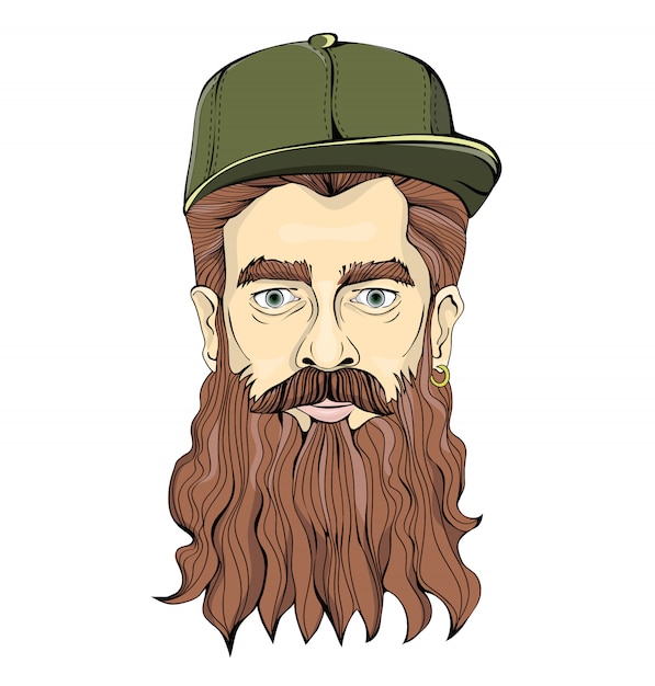 Hipster-uitziende man met lange baard en gouden oorbel groene pet dragen op een witte achtergrond. hoofd grafisch beeld. illustratie.