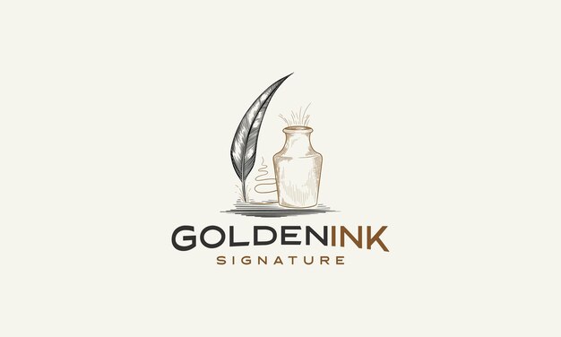 hipster vintage Feather quill pen logo with inkpot classic stationery hand drawn logo illustration