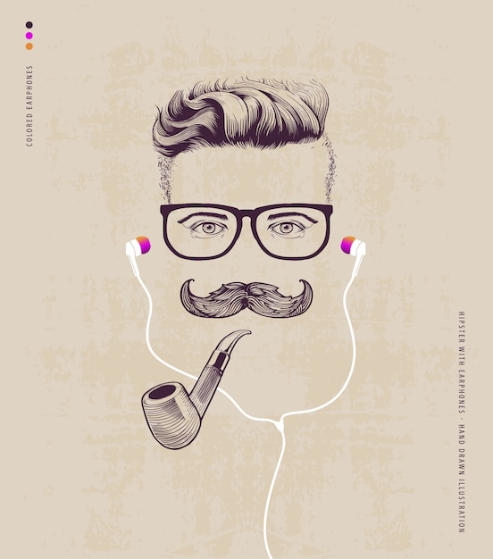 Hipster with smoking pipe and earphones