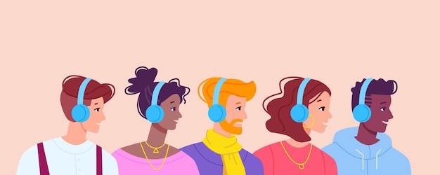 Hipsters listen podcast teenagers in headphones listening podcasts radio music audiobook person happiness face listened audio online media in casual earphones vector illustration