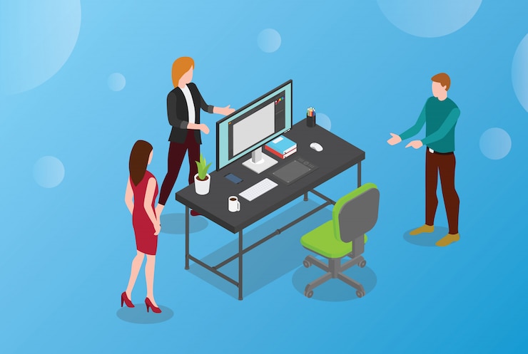 Vector hire or hiring designer concept with empty desk and chair