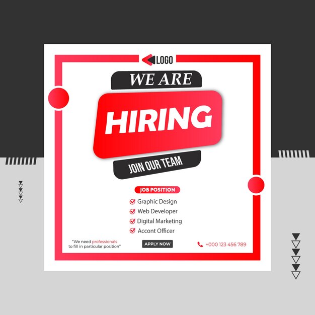 Hiring job vacancy social media post banner design with red color