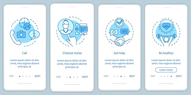 Hiring nurse onboarding mobile app page screen vector template. Home care service walkthrough website steps. Choosing practical caregiver, carer. In-home assistance. UX, UI, GUI smartphone interface