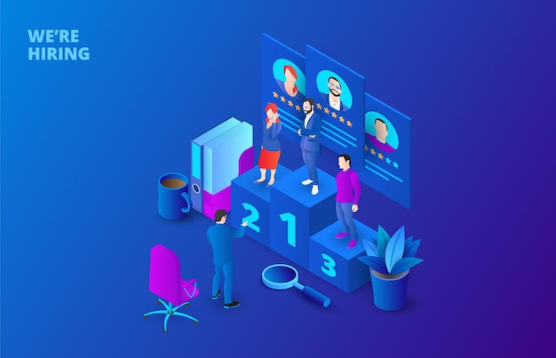 Hiring and recruitment design concept with pedestal and people isometric vector illustration
