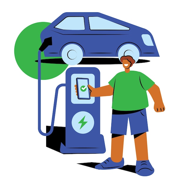 Hispanic man contactless payment for ev charger illustration