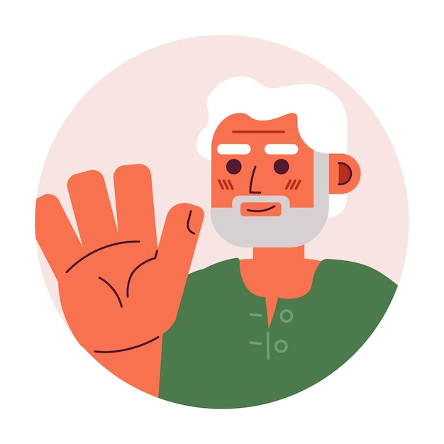 Hispanic old man waving hand greeting 2D vector avatar illustration Handwave bearded elderly mexican guy cartoon character face Welcome gesturing flat color user profile image isolated on white