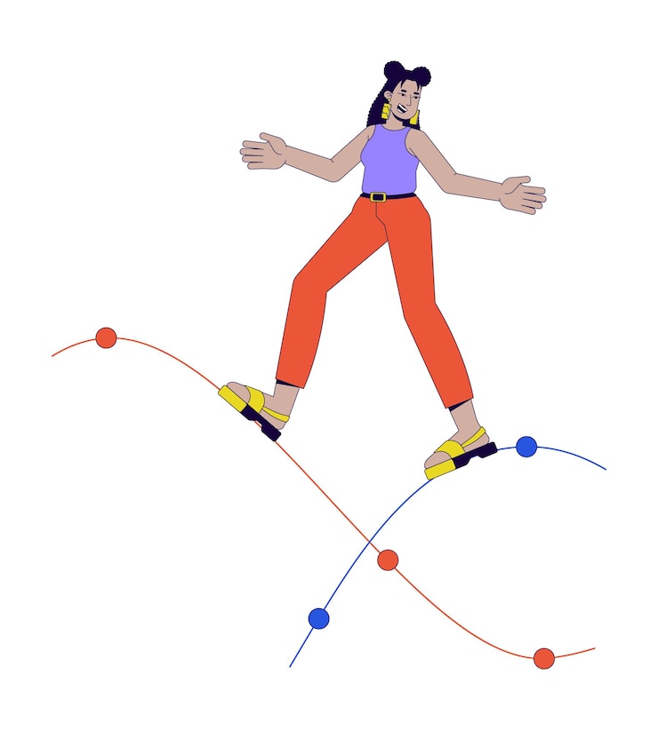 Vector hispanic woman standing on chart waves 2d linear cartoon character