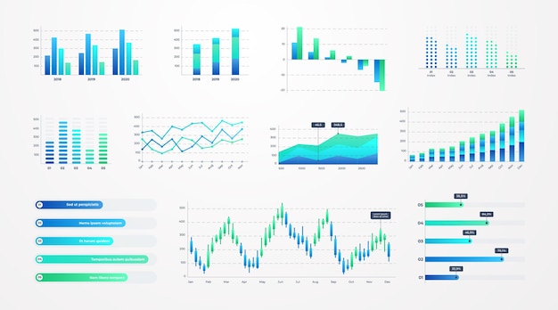 ベクトル ヒストグラムチャート。プレゼンテーションと財務レポート用のストックダイアグラムと統計バー、線グラフとチャートを備えたビジネスインフォグラフィックテンプレート。ダッシュボード上のベクトルセットチャート