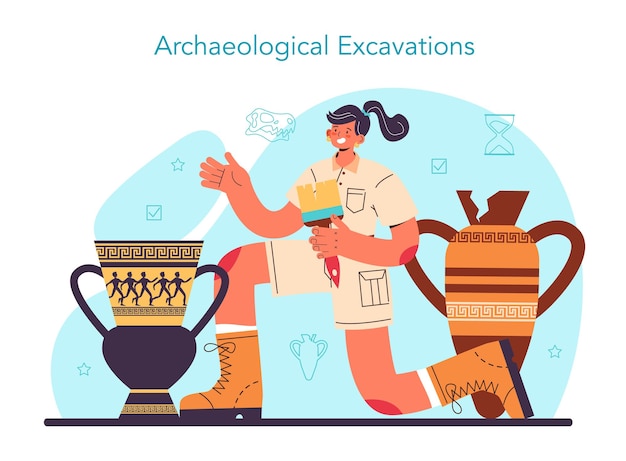 Historian concept. history scientist or archaeologist. knowledge of an ancient civilization culture. historic periods research. isolated vector illustration in flat style