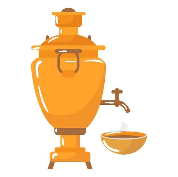 Vector historical ancient old russian samovar slavic gold teakettle hot tea ceremony cartoon vector illustr...