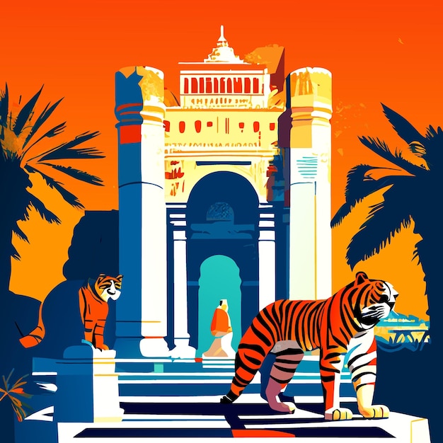 Историческая колонна и тигр в марокко векторная иллюстрация плоская