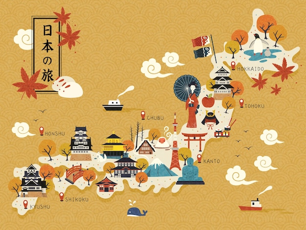 Historical landmarks on the map illustration