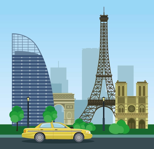 Historical and modern buildings of Paris Urban landscape of the Eiffel Tower and taxis.