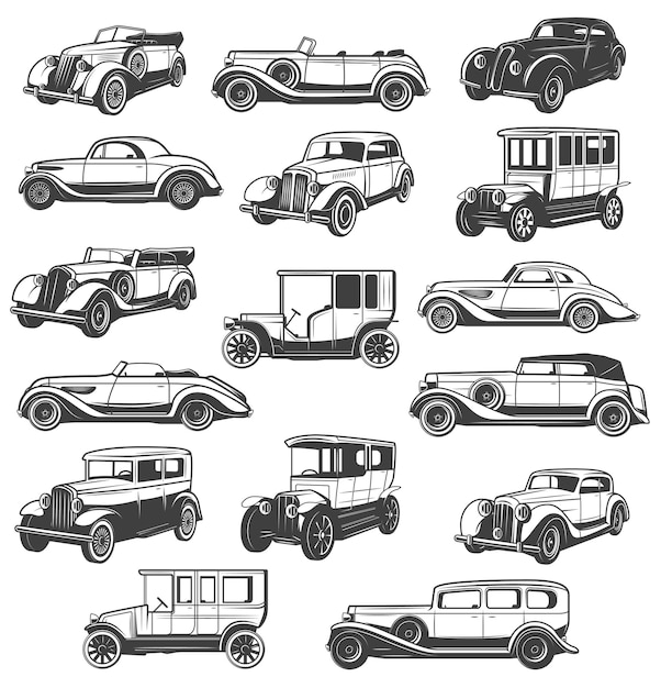 Historische auto's vintage auto's iconen set