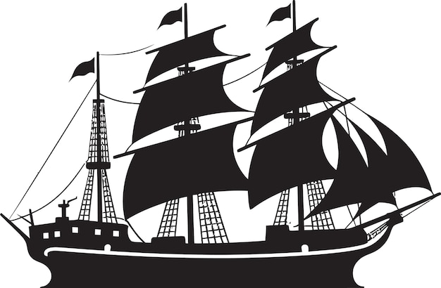 Historische zeilen Zwart schip Logo Icon Oude zeelieden Vector schip Icon