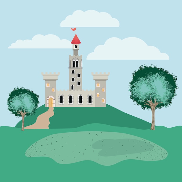 Vector history castle in the landscape scene