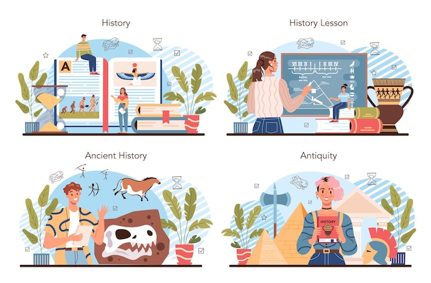 History lesson concept set. History school subject, knowledge of the past and ancient civilization. Idea of science and education. Isolated vector illustration in flat style