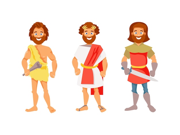 History of mankind. cave, roman and medieval men. vector illustration