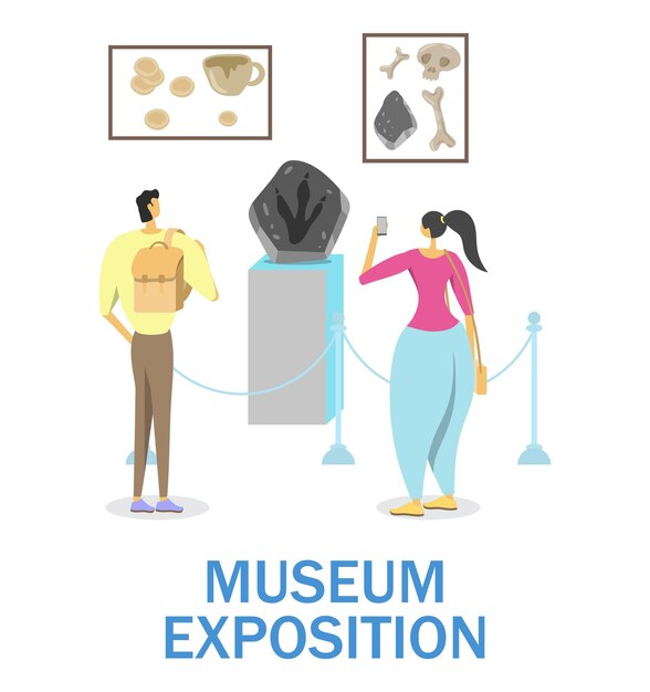 Vector history museum exposition, vector illustration. couple viewing extinct animal footprint, human bones, ancient pottery.