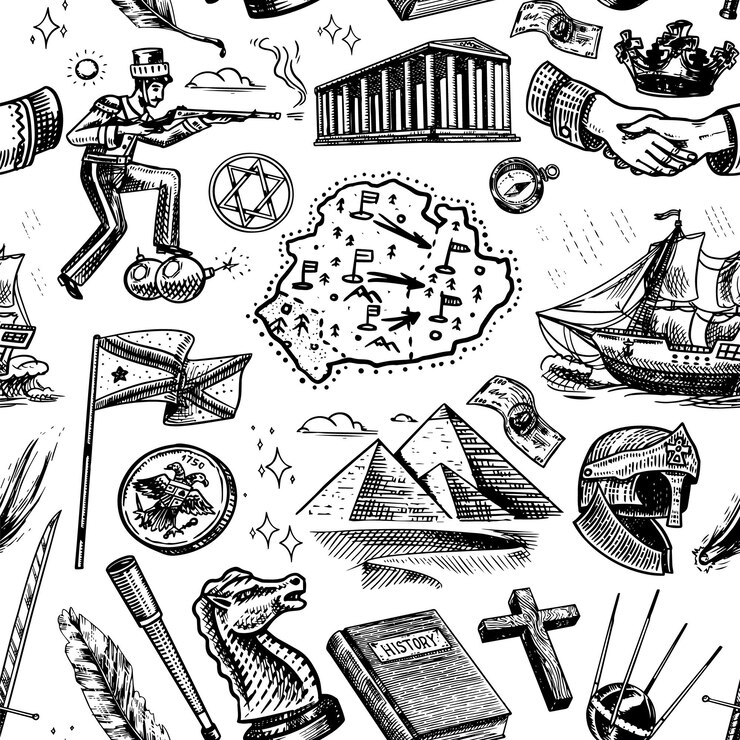 वेक्टर history seamless pattern in vintage style education religion and old ancient symbols school subject background for print or web site hand drawn engraved doodle sketch
