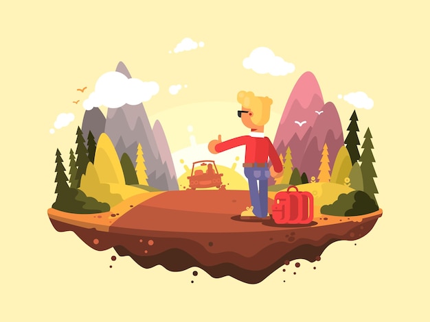 Hitchhike travel . young man catches a car standing on sidelines. vector illustration