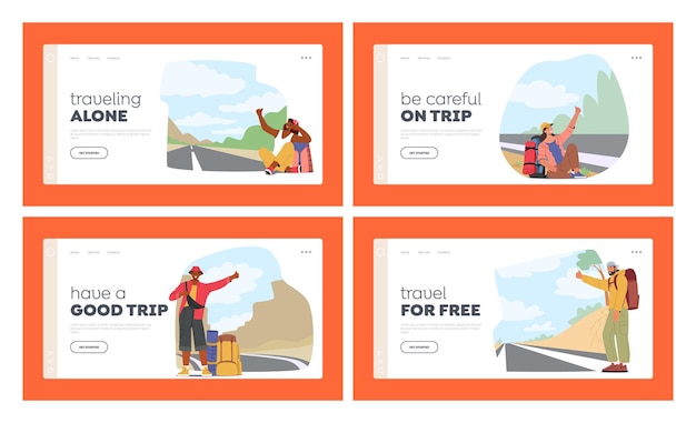 Vector hitchhikers landing page template set characters stand on the side of road with backpack waiting for a ride