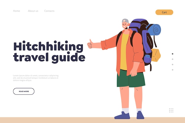 Vector hitchhiking travel guide landing page design template with happy cartoon male tourist backpacker