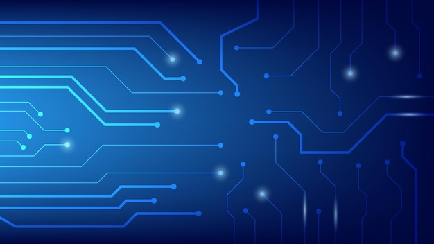 하이테크 디지털 회로 기판 AI 패드 및 파란색 조명 배경에 연결된 전기 라인