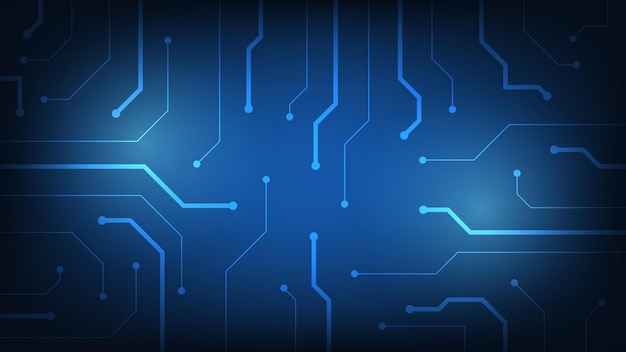 ハイテクデジタル回路基板AIパッドと青い照明の背景に接続された電線