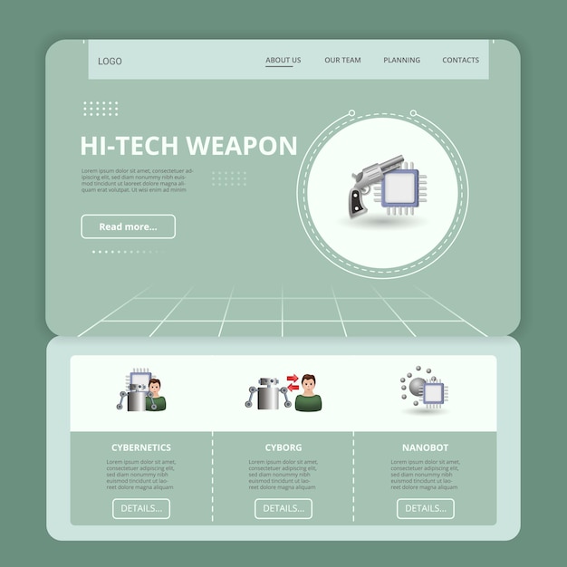 Hitech weapon flat landing page website template cybernetics